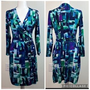 Calvin Klein wrap dress jersey knit dress watercolor brush print long sleeve L